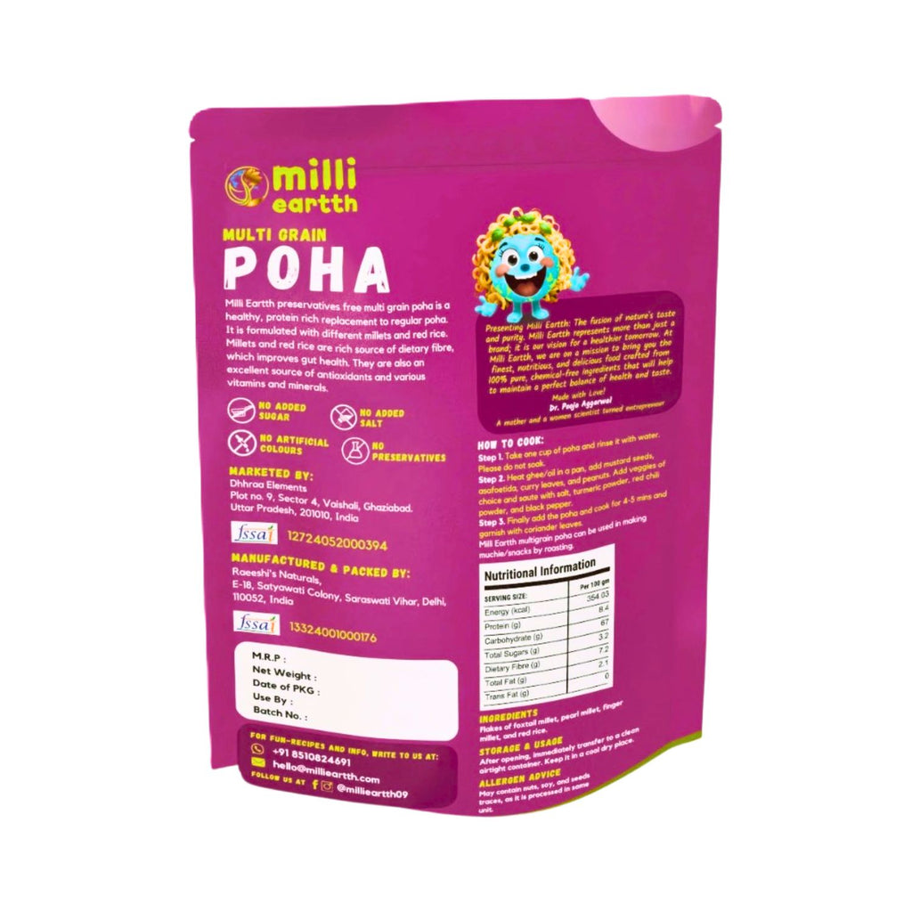 Pink packaging of millieartth multi-grain poha with branding and text on a white background