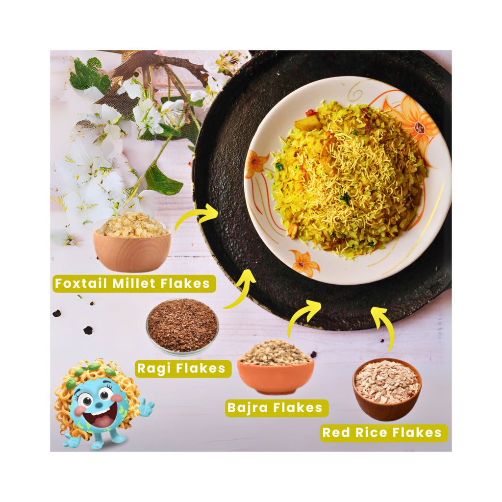 bowl of food with labelled ingredients including foxtail millet flakes, ragi flakes, bajra flakes, and red rice flakes.