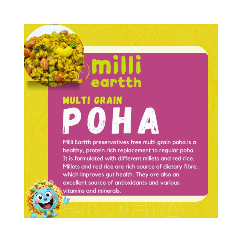 pink label with millieartth poha benefits on a yellow background.