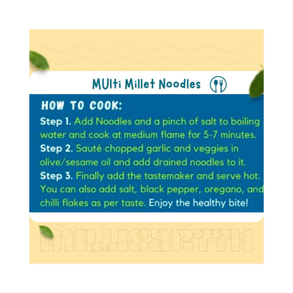 instruction card for cooking multi-millet noodles with steps and ingredients listed.