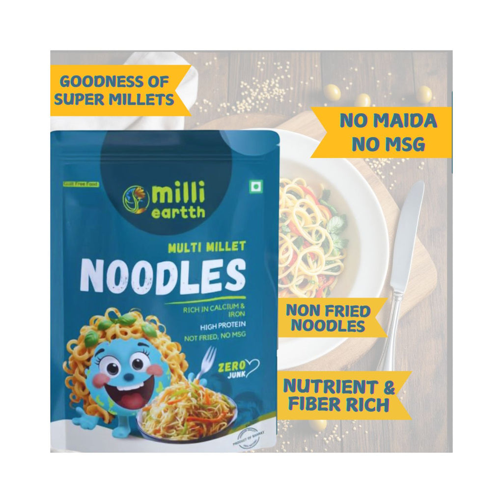 millieartth multi-millet noodles packaging with branding and product features.