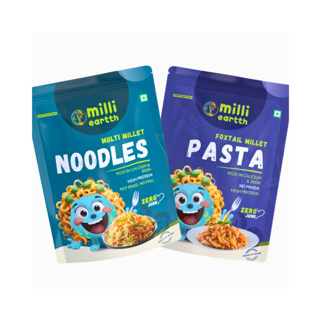 Pack of noodles and past combo in green and indigo colours on a white background