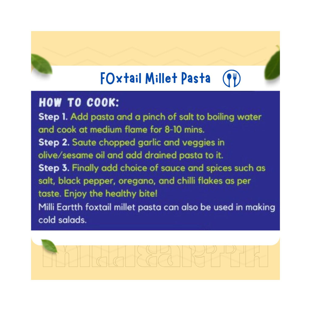 instructional card for cooking foxtail millet pasta with steps and cooking time on a blue background.