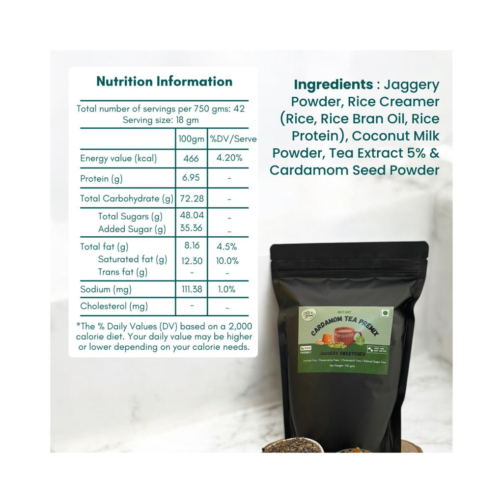 plant_yum_instant_cardamom_tea_premix_elaichi_jaggery_sweetened_super_saver_pack_vegan_750g_pack_front_nutrition_ingredients