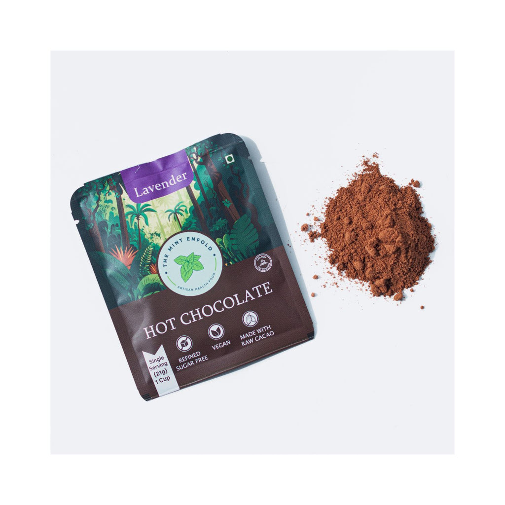 the_mint_enfold_lavender_hot_chocolate_single_serve_21g_pack_front_contents