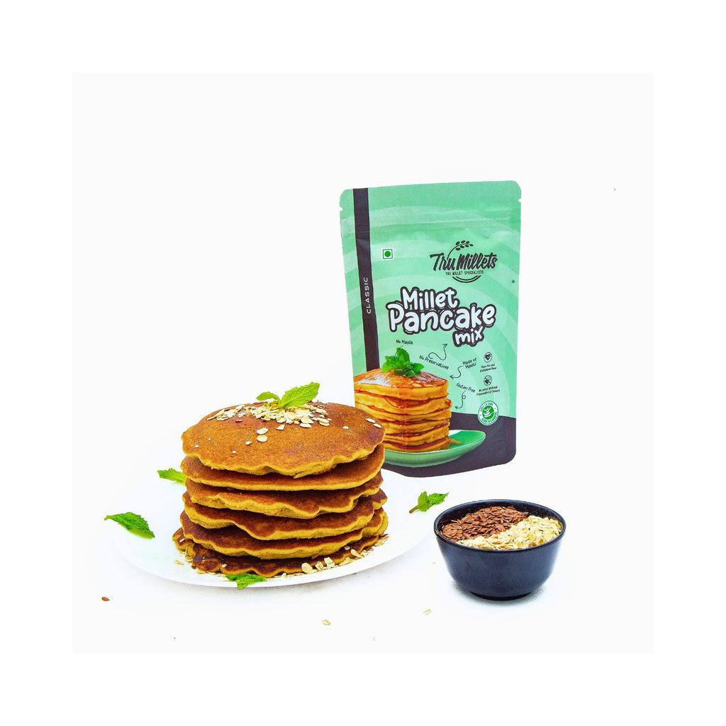 tru_millets_millet_classic_pancake_mix_pack_of_3_450g_pack_front_plated_pancakes