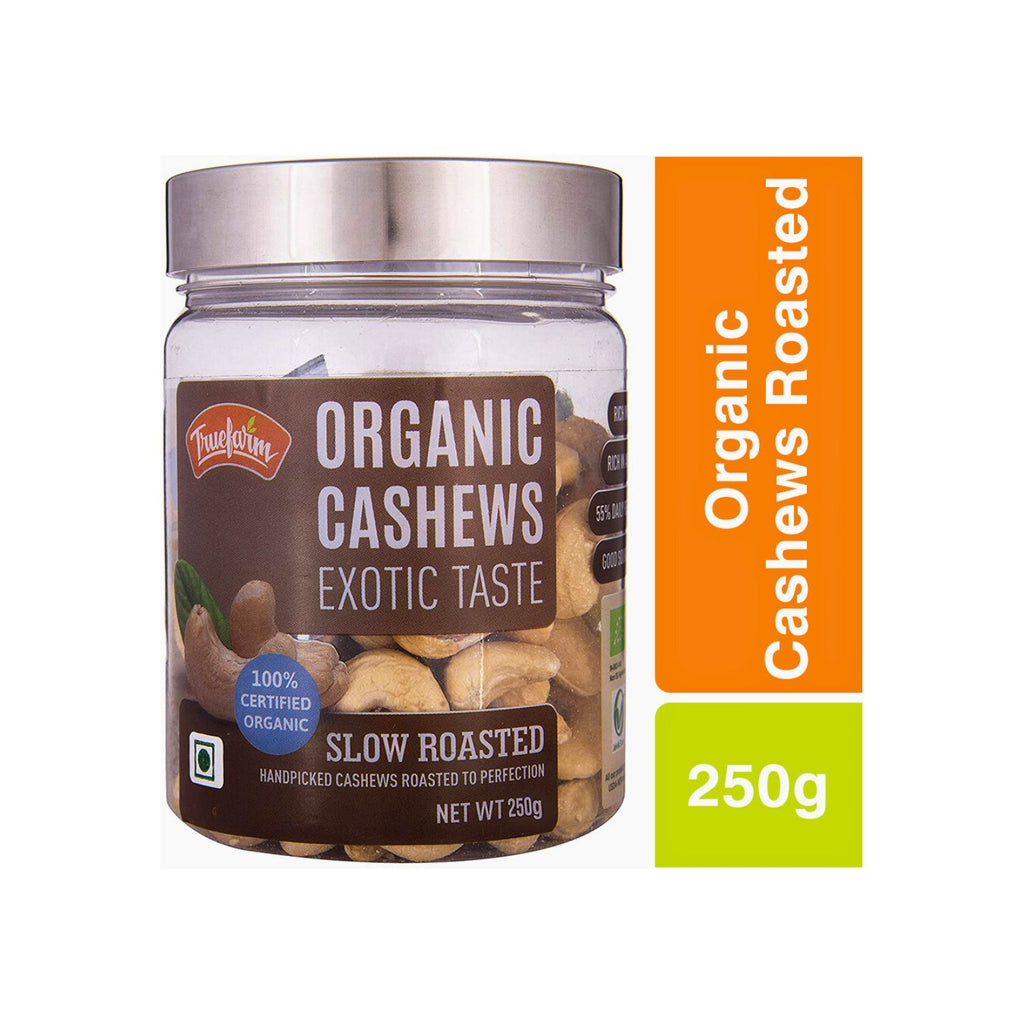 truefarm_organic_cashews_roasted_250g_tin_front_weight_label