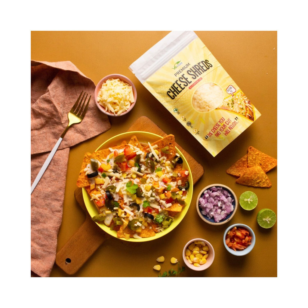 veclan_premium_cheese_shreds_vegan_200g_pack_front_lifestyle_nachos