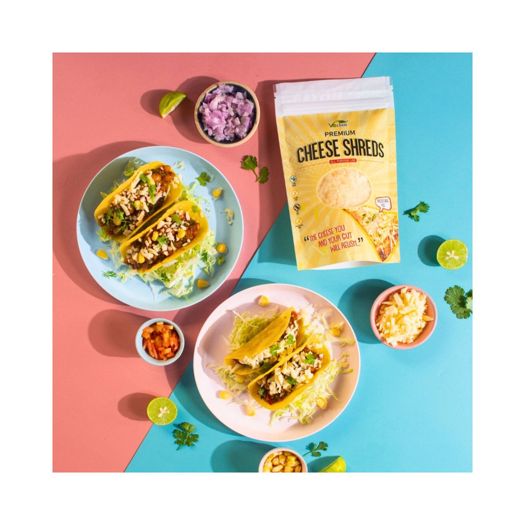 veclan_premium_cheese_shreds_vegan_200g_pack_front_lifestyle_tacos