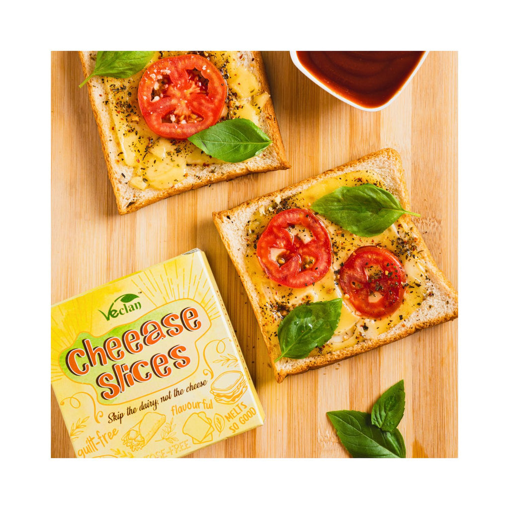 veclan_premium_cheese_slices_vegan_150g_pack_front_lifestyle_cheese_toast